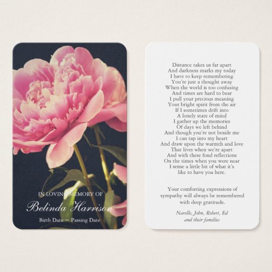 Begrafenis Roze Pioen Memorial Gebed Sympathie Car Visitekaartje (Voorkant /achterkant)