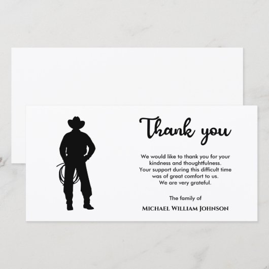 Begrafenis van de Black and White Cowboy Lasso Bedankkaart (Voorkant / Achterkant)