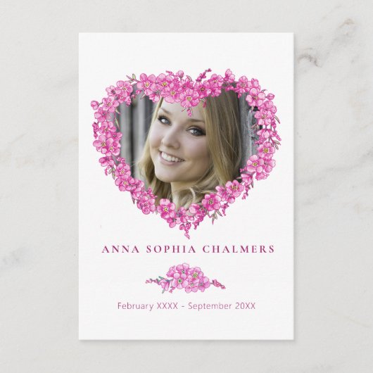 Begrafenis vergeet-me-niet roze bloem hart gedicht informatiekaartje (Voorkant)