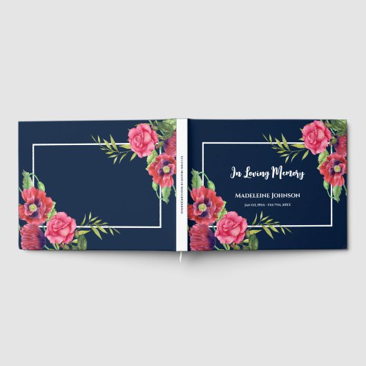 Begrafenis Waterverf Rood en Roze Bloemen Navy Blu Gastenboek (Volledig)