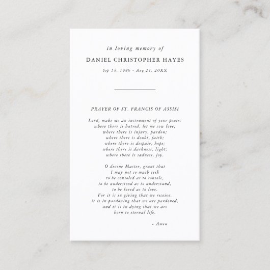Begrafenis zwart-wit St. Franciscus Gebed Kaart Visitekaartje (Voorkant)