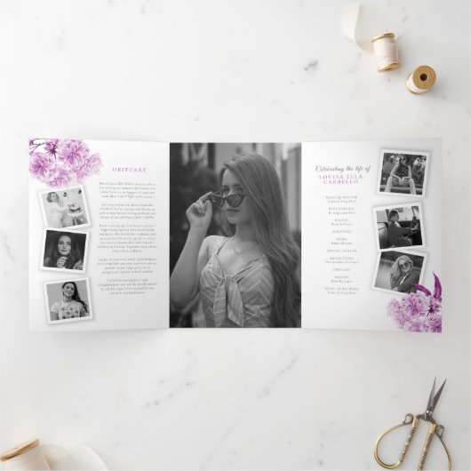 Begrafenisdienst paarse bloesem foto's drieluik programma (Binnen)