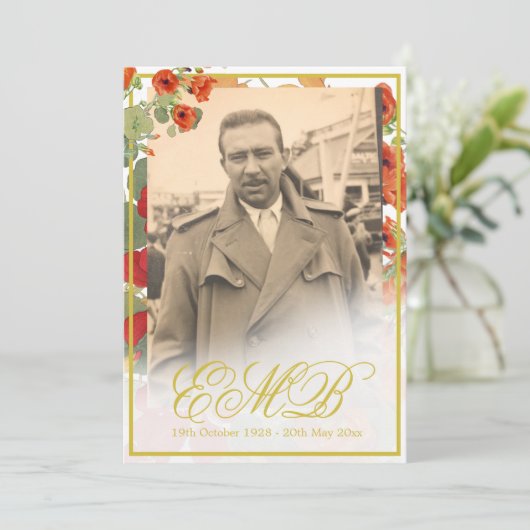 Begrafenisfoto Bloemen Goud Viering Kaart (Staand voorkant)