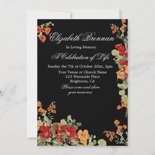 Begrafenisfoto Bloemen Zwart Viering Kaart (Achterkant)