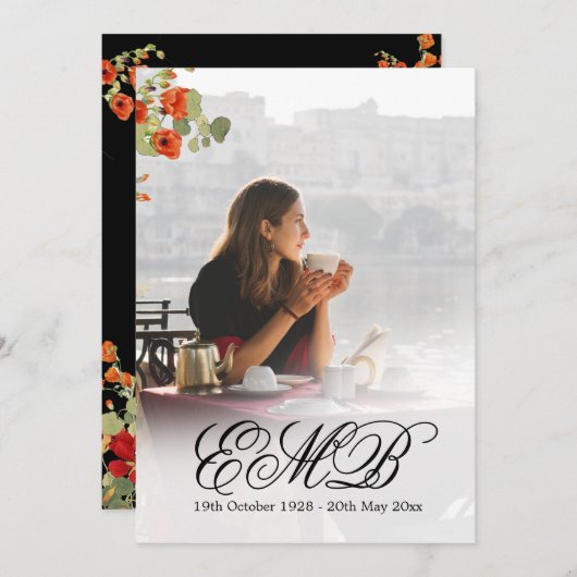 Begrafenisfoto Bloemen Zwart Viering Kaart (Voorkant / Achterkant)