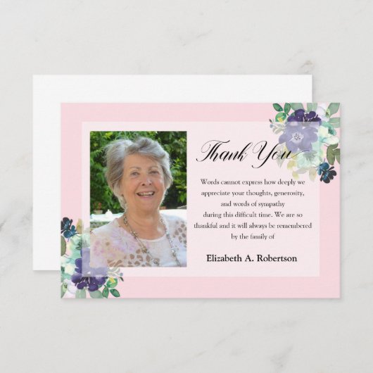 Begrafenisfoto Dank u Paarse Bloemen op Roze Bedankkaart (Voorkant / Achterkant)