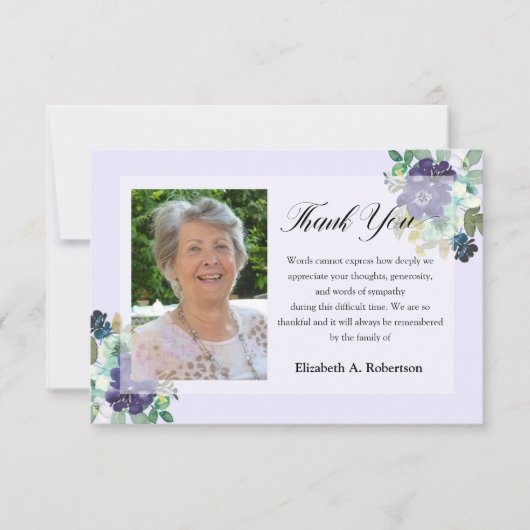 Begrafenisfoto Dank u Purple Flowers Bedankkaart (Voorkant)
