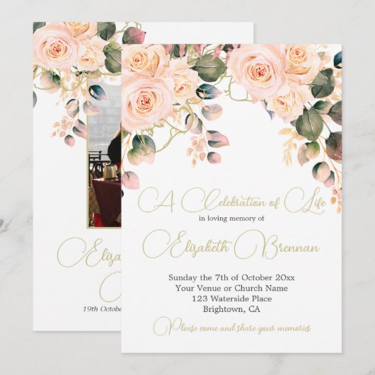 Begrafenisfoto Elegante roze rozenbloem Kaart (Voorkant / Achterkant)