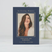 Begrafenisfoto Memorial Blue Gold Script Kaart (Staand voorkant)