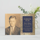 Begrafenisfoto Navy Gold Elegant Life Celebration Kaart (Staand voorkant)