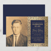 Begrafenisfoto Navy Gold Elegant Life Celebration Kaart (Voorkant / Achterkant)