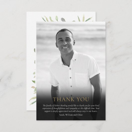 Begrafenisfoto zwart-wit elegant groen bedankkaart (Voorkant / Achterkant)