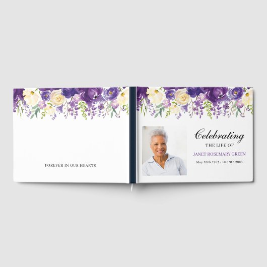 Begrafenisgastenboek met Paarse en Cream Flowers Gastenboek (Volledig)