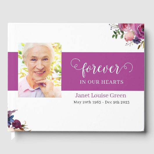 Begrafenisgastenboek met Paarse Waterverf bloemen Gastenboek (Voorkant)