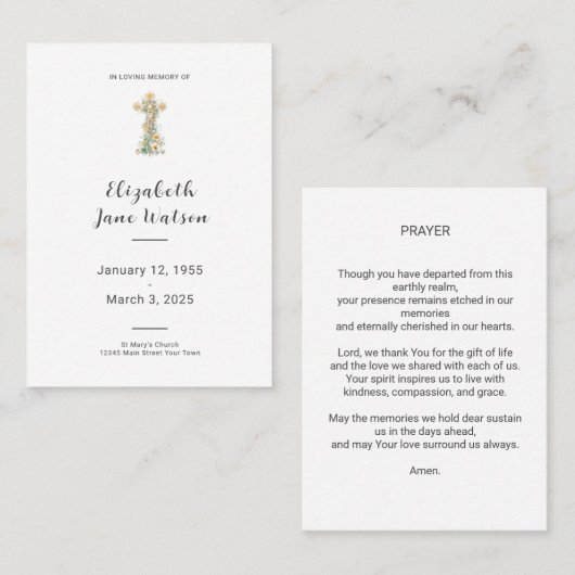 Begrafenisgebed Kaart Bloemenkruis Visitekaartje (Voorkant / Achterkant)