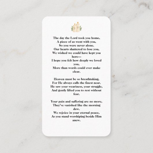 Begrafenisgebed Kaarten - Viering van het leven Me Visitekaartje (Achterkant)