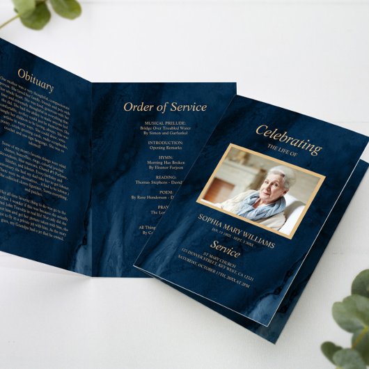 Begrafenisherdenkingsprogramma Blauw & Goud Kallig Kaart