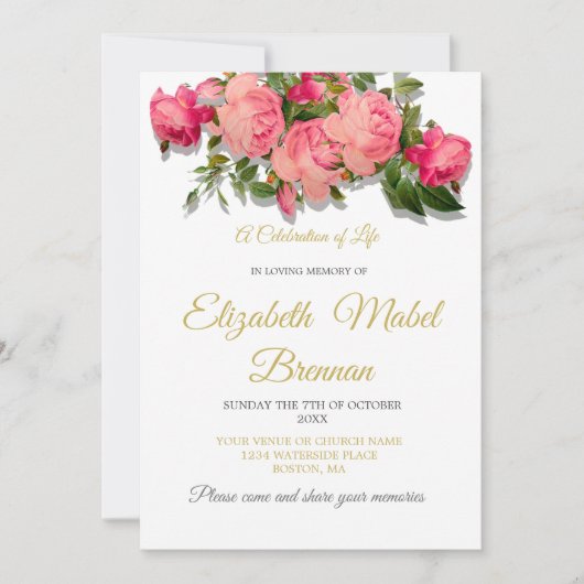 begrafenisherdenkingsroze rozen viering van het le kaart (Voorkant)