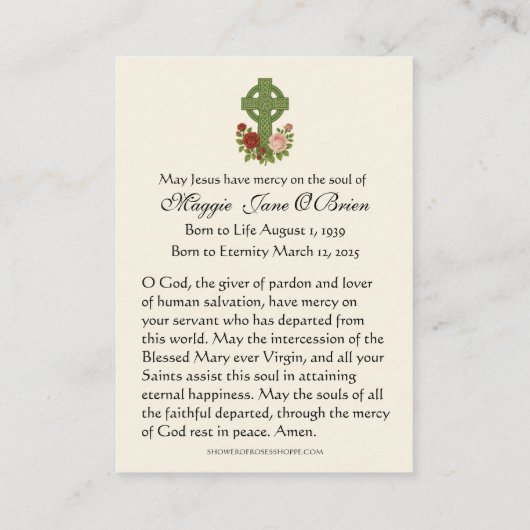 Begrafenismonument Iers Keltisch Kruis Maria Jezus Visitekaartje (Achterkant)