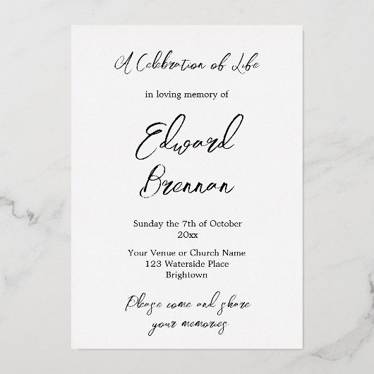 Begrafenismonument Moderne eenvoudige foto Folie Uitnodiging (Achterkant)