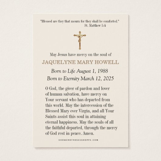 Begrafenismonument Verdrietige Maria biddend Visitekaartje (Achterkant)