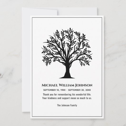 begrafenismonument zwart en witte levensboom bedankkaart (Voorkant)