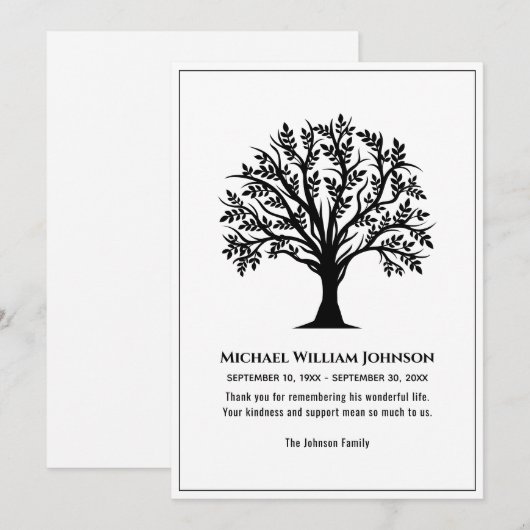 begrafenismonument zwart en witte levensboom bedankkaart (Voorkant / Achterkant)
