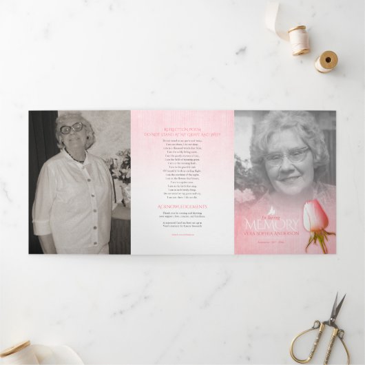 Begrafenisprogramma bestelling van service roze ro drieluik programma (Buitenkant)
