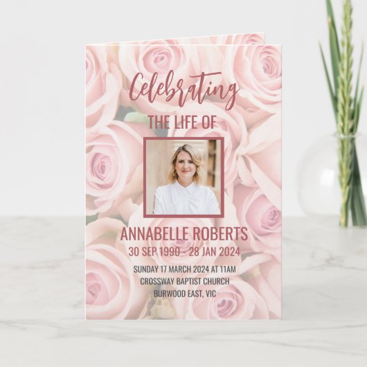 Begrafenisprogramma - Boeket van zachte roze rozen Programma (Voorkant)