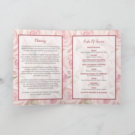 Begrafenisprogramma - Boeket van zachte roze rozen Programma (Binnen)