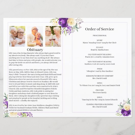 Begrafenisprogramma met Paarse en Cream Flowers (Achterkant)