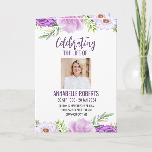 Begrafenisprogramma - Paarse en roze bloemen ontwe Programma (Voorkant)