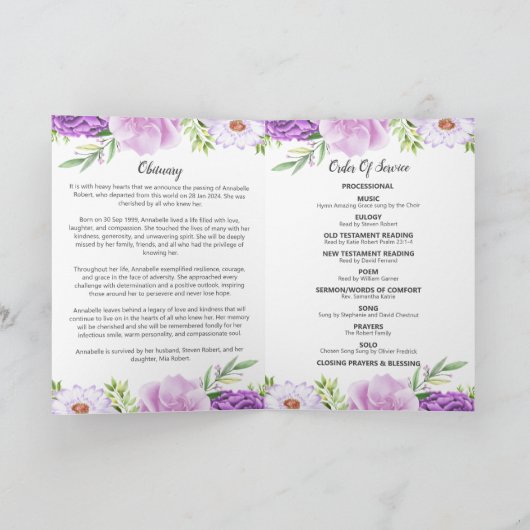 Begrafenisprogramma - Paarse en roze bloemen ontwe Programma (Binnen)