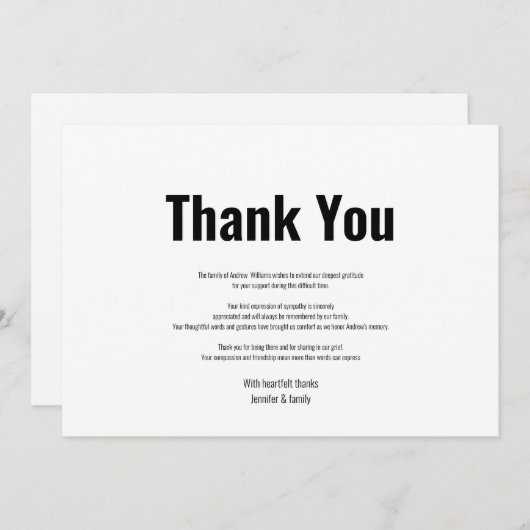 Begrafenisrouwverwerking Eenvoudig zwart-wit Dank  Bedankkaart (Voorkant / Achterkant)