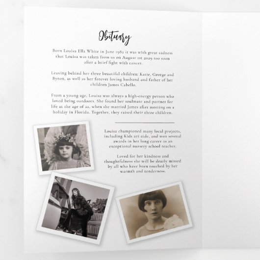 Begrafenisserviceprogramma eenvoudige mono fotosja drieluik uitnodiging (Binnenzijde eerst)