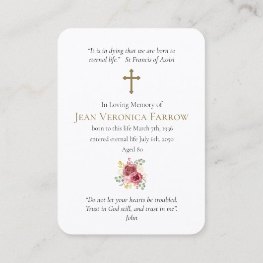 Begrafenisverlies Gezegende Maria Gebed Sympathie  Visitekaartje (Achterkant)