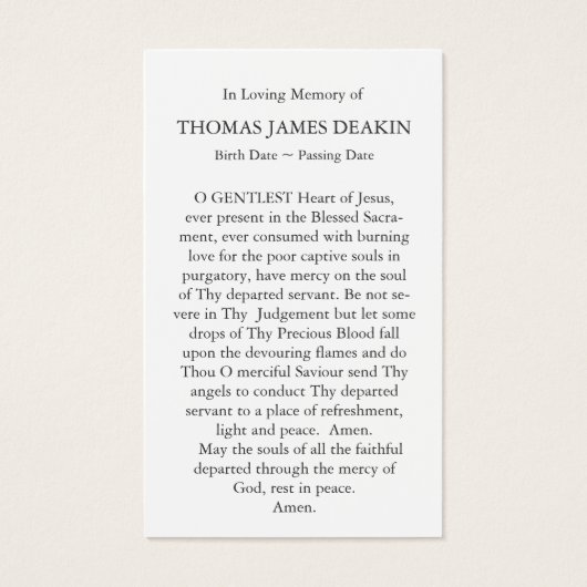 Begrafenisverlies Heilig Hart Gebed Sympathie Kaar Visitekaartjes (Achterkant)