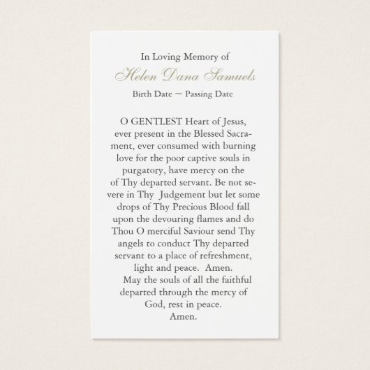 Begrafenisverlies Heilige Geest Gebed Sympathie Ka Visitekaartjes (Achterkant)