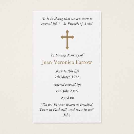 Begrafenisverlies Jesus Cross Gebed Sympathie Kaar Visitekaartje (Achterkant)