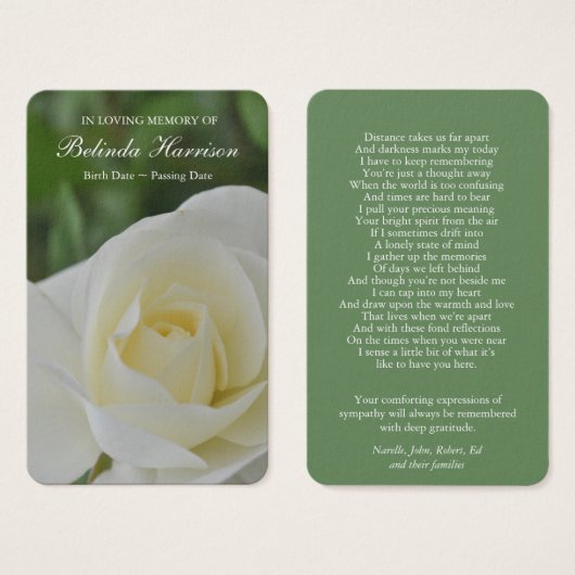 Begrafenisverlies Roos Memorial Gebed Sympathie Ca Visitekaartje (Voorkant /achterkant)