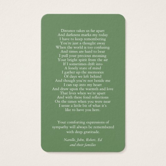 Begrafenisverlies Roos Memorial Gebed Sympathie Ca Visitekaartje (Achterkant)