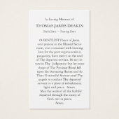 Begrafenisverlies Seat Memorial Gebed Sympathie Ca Visitekaartje (Achterkant)