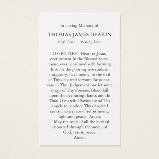 Begrafenisverlies Seat Memorial Gebed Sympathie Ca Visitekaartje (Achterkant)