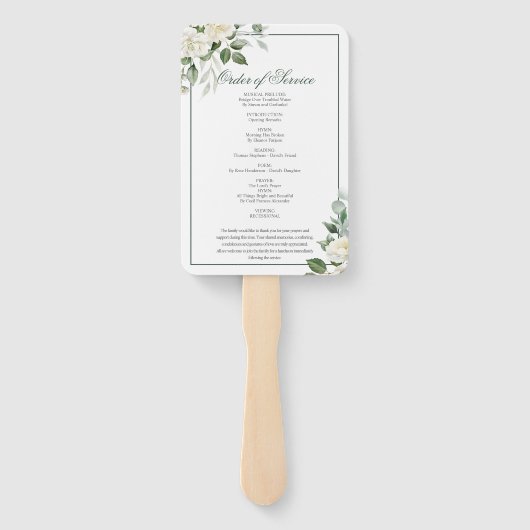 Begrafenisvolgorde|Eucalyptus Witte Bloemen Handwaaier (Achterkant)