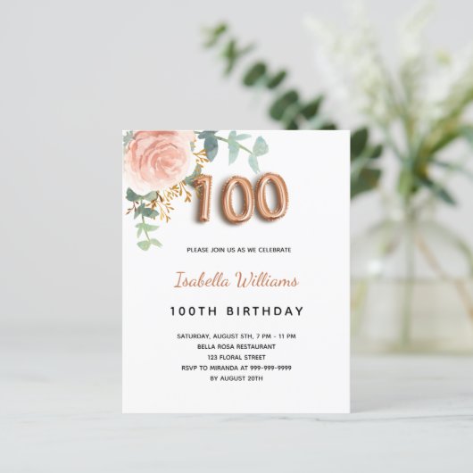 Begroting 100e verjaardag florale roos goud eucaly (Staand voorkant)