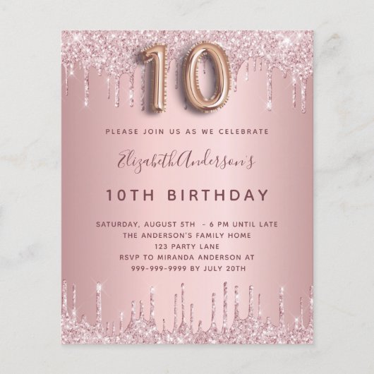 BEGROTING 10e verjaardag roze stoffige roos glitte (Voorkant)