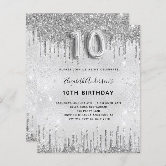Begroting 10e verjaardag Silver Glitter-uitnodigin (Voorkant / Achterkant)