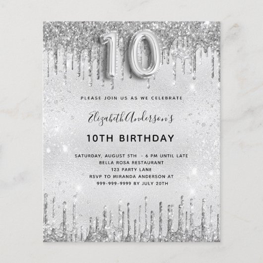 Begroting 10e verjaardag Silver Glitter-uitnodigin (Voorkant)