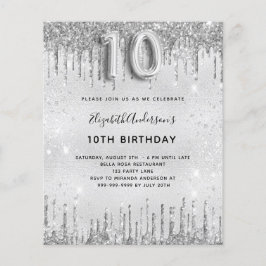 Begroting 10e verjaardag Silver Glitter-uitnodigin