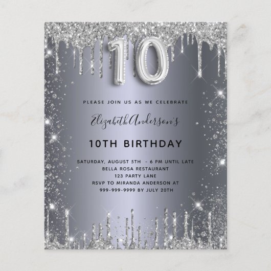 Begroting 10e verjaardag Silver Glitter-uitnodigin (Voorkant)